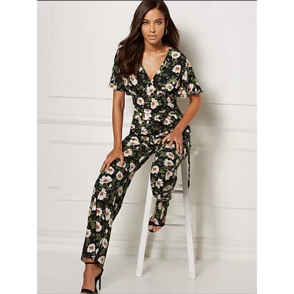 Eva Mendes Womens Ciela Jumpsuit Floral Print Corset Tie Front Wide Leg